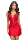 Red ASHLEYlauren 4693 cocktail dress featuring spaghetti straps, an illusion V-neckline, corset bustier, press-on stone embellishments, and a fitted skirt for a glamorous and head-turning look.