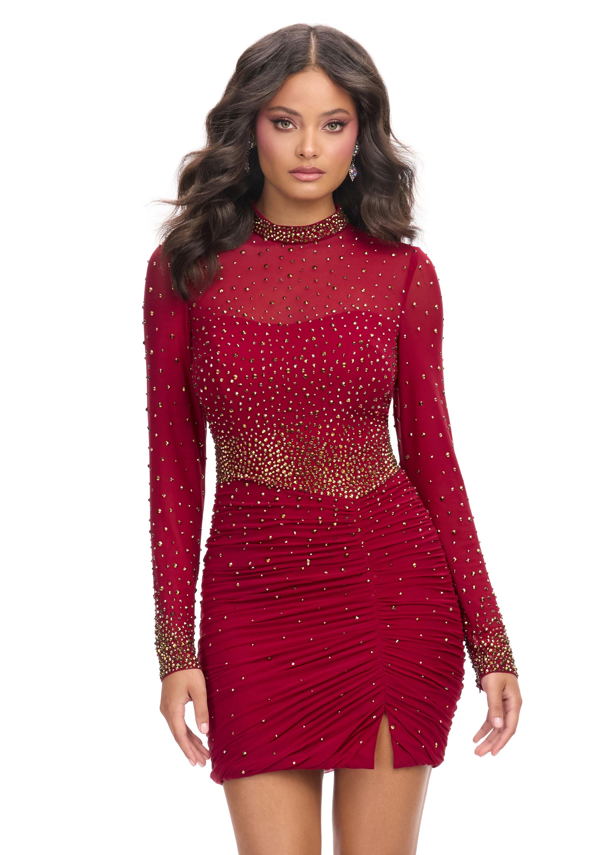 Red ASHLEYlauren 4736 fitted cocktail dress featuring a high neckline, illusion long sleeves, press-on heat set stones accentuating the collar, cuffs, and waistline for a glamorous and curve-enhancing look.