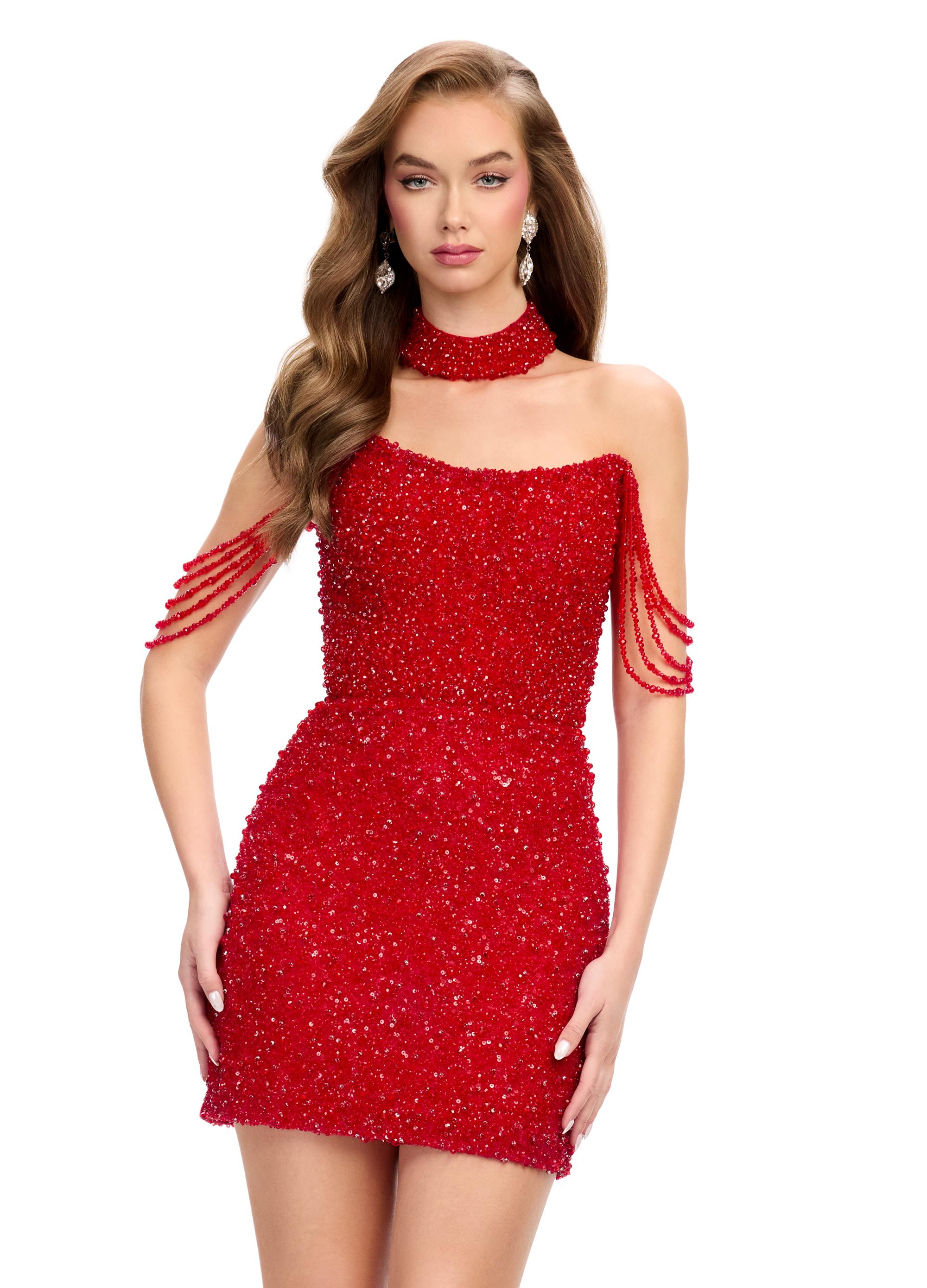 Red ASHLEYlauren 4758 Fully Beaded Long Sleeve Cocktail Dress with Plunging V-Neckline and Fringe