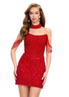 Red ASHLEYlauren 4758 Fully Beaded Long Sleeve Cocktail Dress with Plunging V-Neckline and Fringe