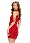 Back - Red ASHLEYlauren 4758 Fully Beaded Long Sleeve Cocktail Dress with Plunging V-Neckline and Fringe