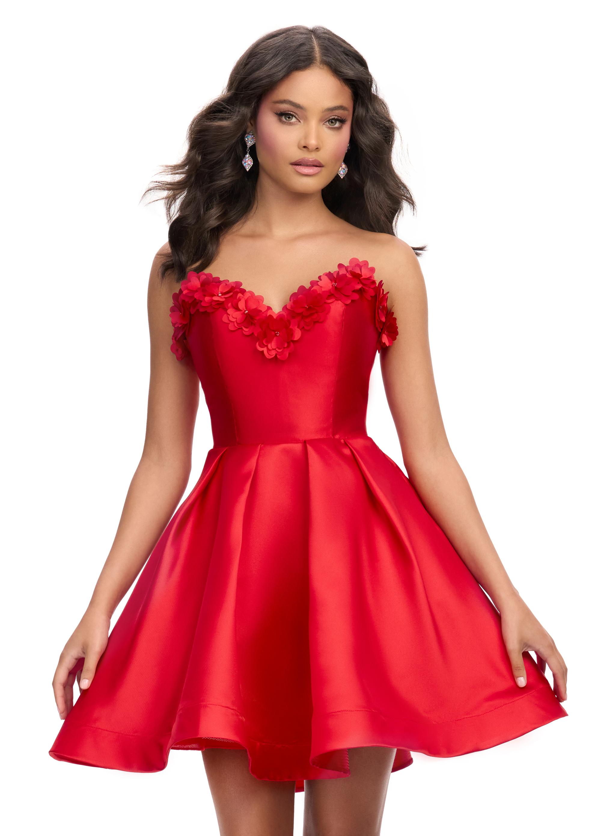 Red ASHLEYlauren 4782 Mikado cocktail dress featuring a stunning sweetheart neckline, delicate flower detailing, and an A-line skirt for a fabulous and elegant look.