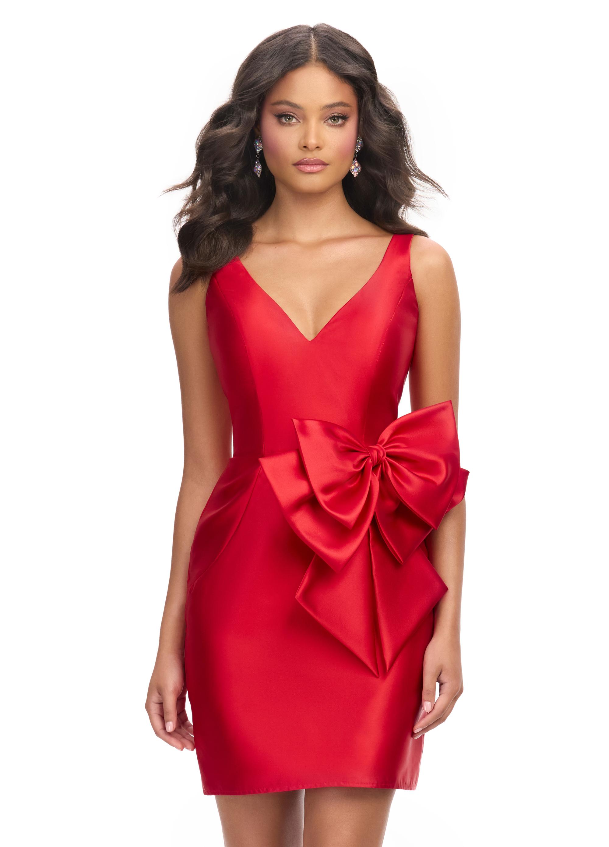 Red ASHLEYlauren 4785 Mikado cocktail dress featuring a plunging V-neckline, elegant V-back, fitted skirt, and an oversized bow accent for a sophisticated and show-stopping look.