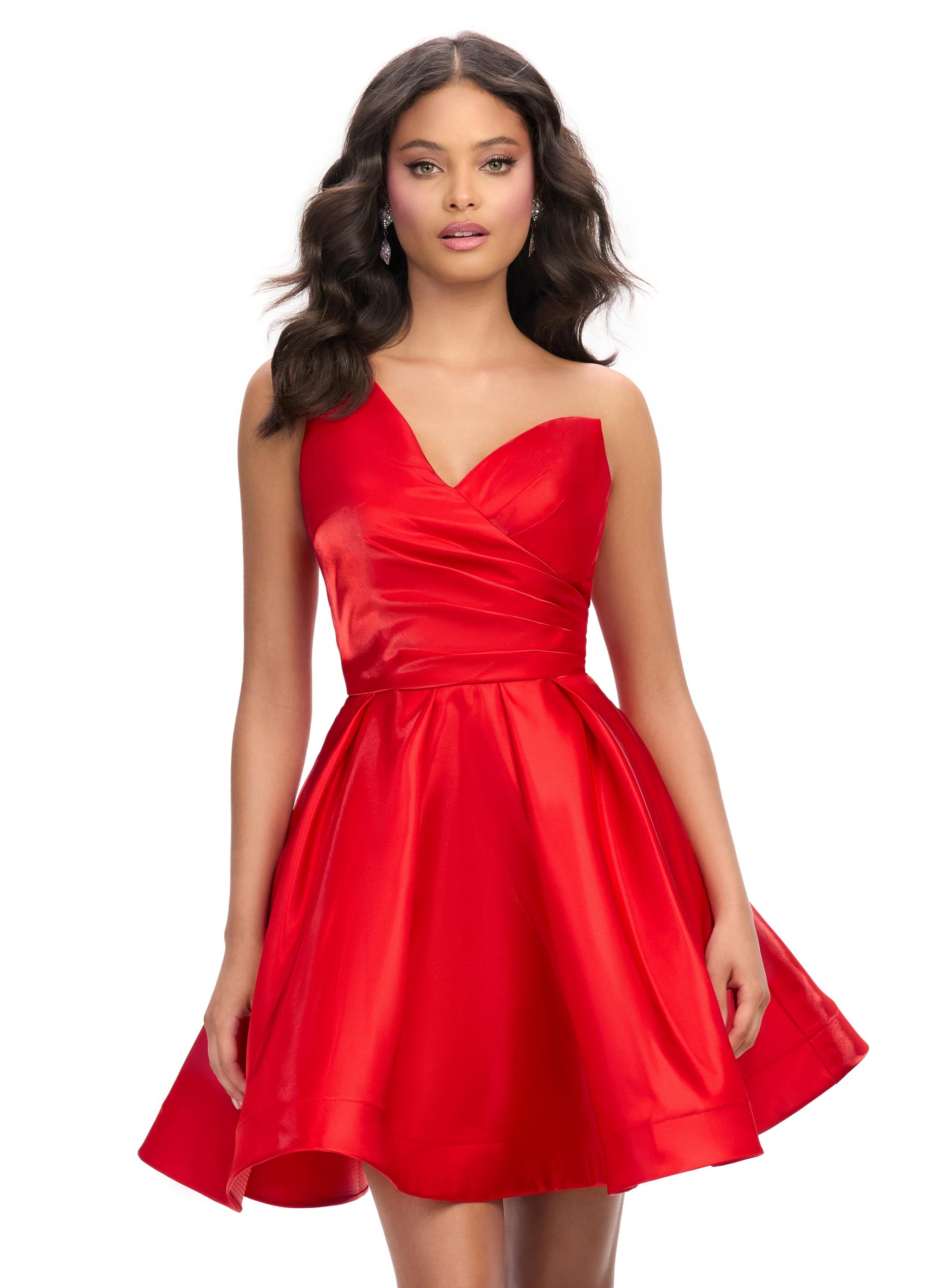 Red ASHLEYlauren 4786 classic satin cocktail dress featuring a one shoulder design, ruched sweetheart bustier, and an elegant A-line skirt for a timeless and sophisticated look.