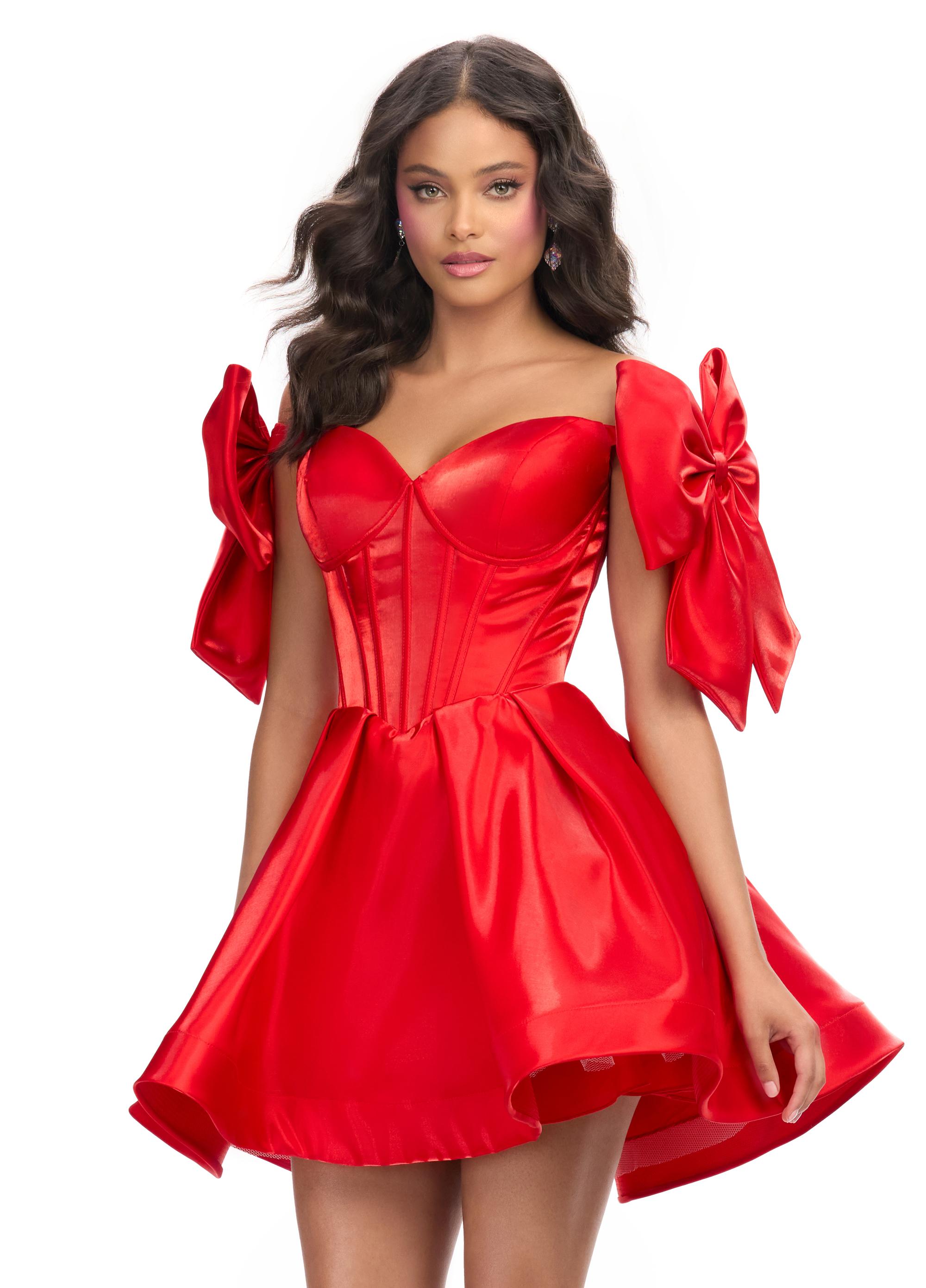 Red ASHLEYlauren 4788 satin cocktail dress featuring a sweetheart neckline, off shoulder bow details, corset bustier, and a full A-line skirt for a dainty, elegant, and timeless look.