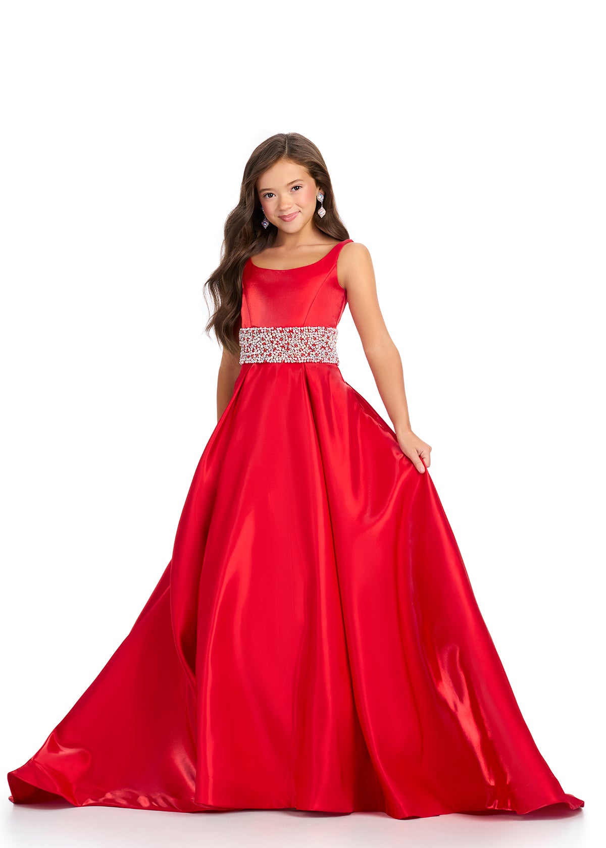 Red ASHLEYlauren 8276 satin kids ball gown featuring a scoop neckline, V-back, and a fully beaded waistband for an elegant and glamorous touch.