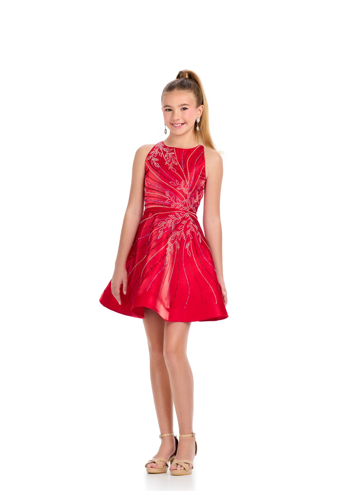 Red ASHLEYlauren 8316 Satin Cocktail Dress with Crew Neckline, Press-On Stone Beading, and A-Line Skirt