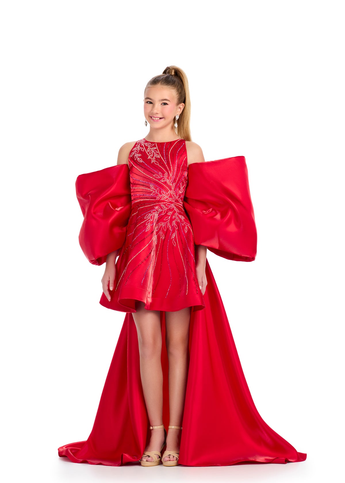 Red ASHLEYlauren 8321 Satin Bow Overskirt with Oversized Bow and Back Skirt Detail