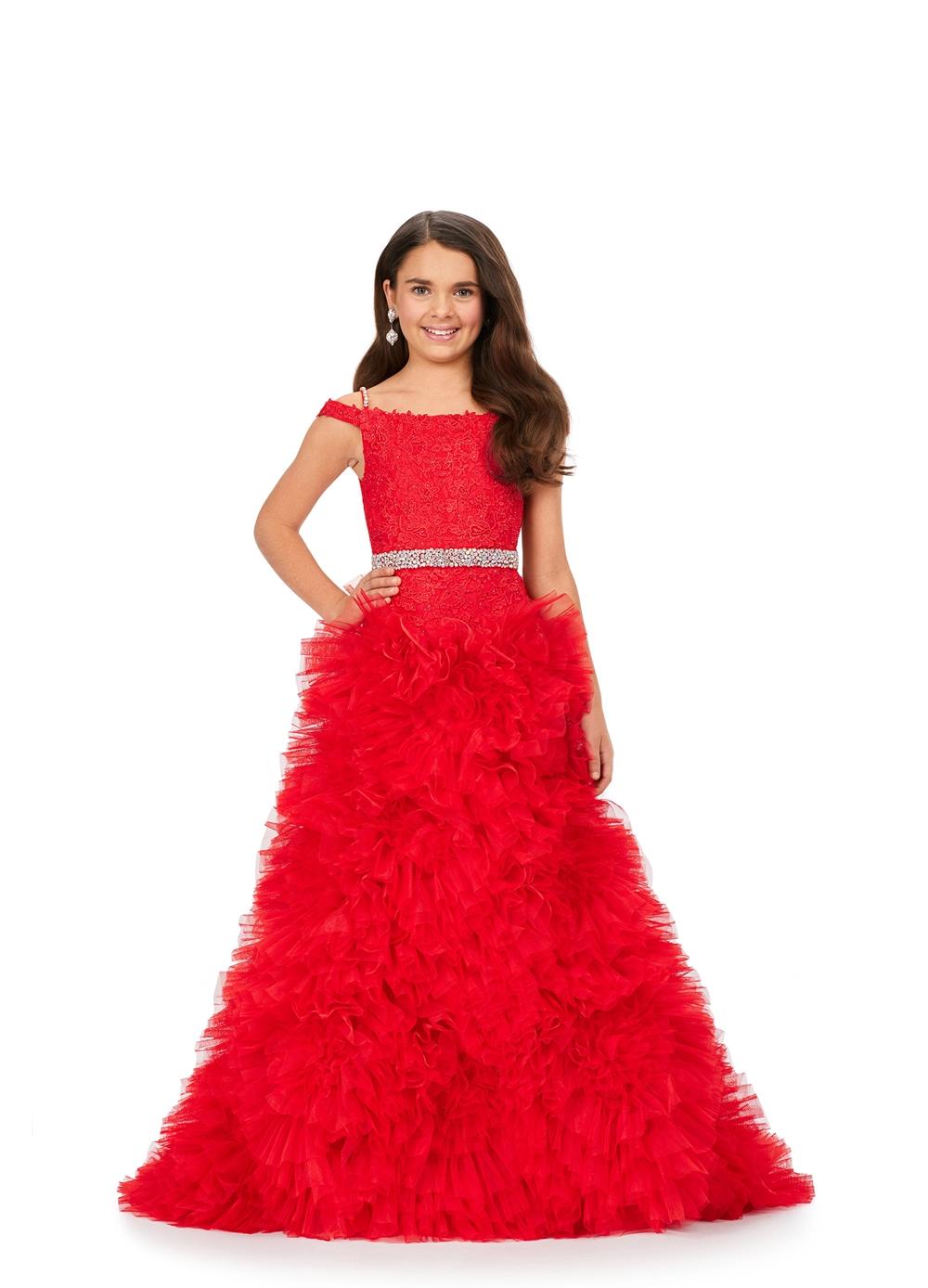 Red ASHLEYlauren Kids 8224 Off Shoulder Gown with Embroidered Lace and Ruffled Tulle Skirt