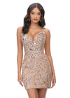 Rose Gold ASHLEYlauren 4500 strapless gown featuring a plunging V-neckline, ornate sequin bead pattern, and striking V-back for a bold and glamorous look. Back