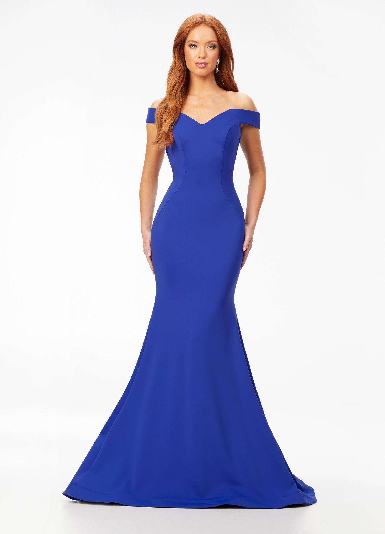 Royal ASHLEYlauren 11025 off shoulder scuba gown featuring a sweetheart neckline, signature crisscross strappy back, fitted silhouette, and a sweep train for an elegant and sophisticated look.