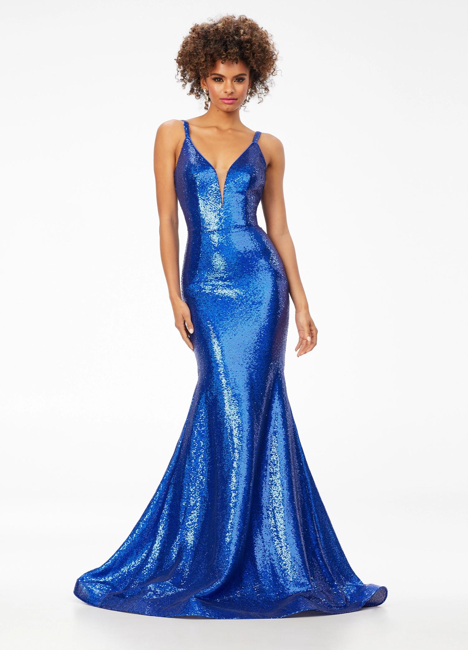 Royal ASHLEYlauren 11108 Sequin Gown with Spaghetti Straps, Illusion V-Neckline, Deep V-Back, Fitted Silhouette, and Horsehair Hem