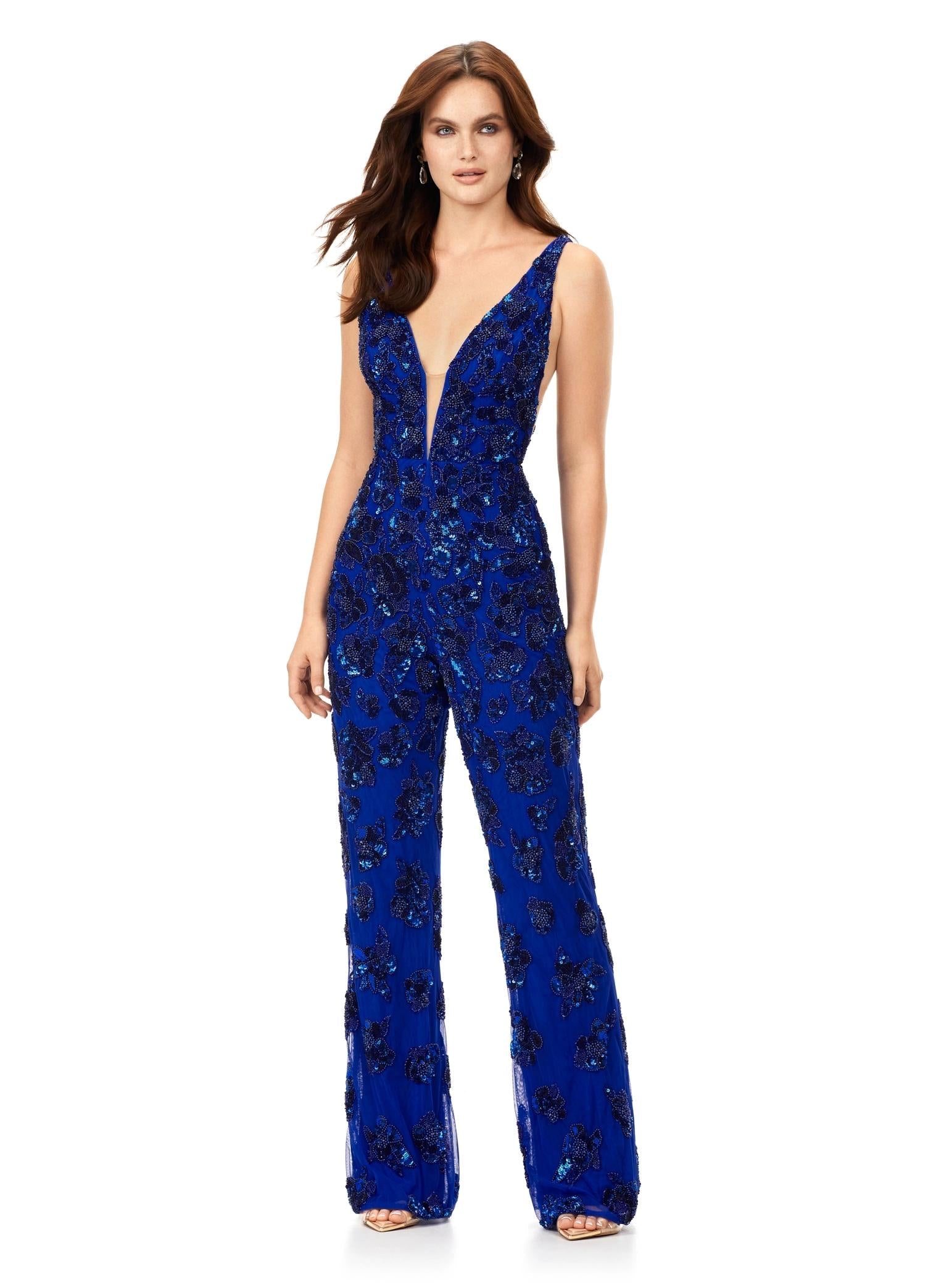 Royal ASHLEYlauren 11355 fully hand-beaded jumpsuit featuring an intricate floral bead pattern, V-neckline, V-back, and straight leg pants.