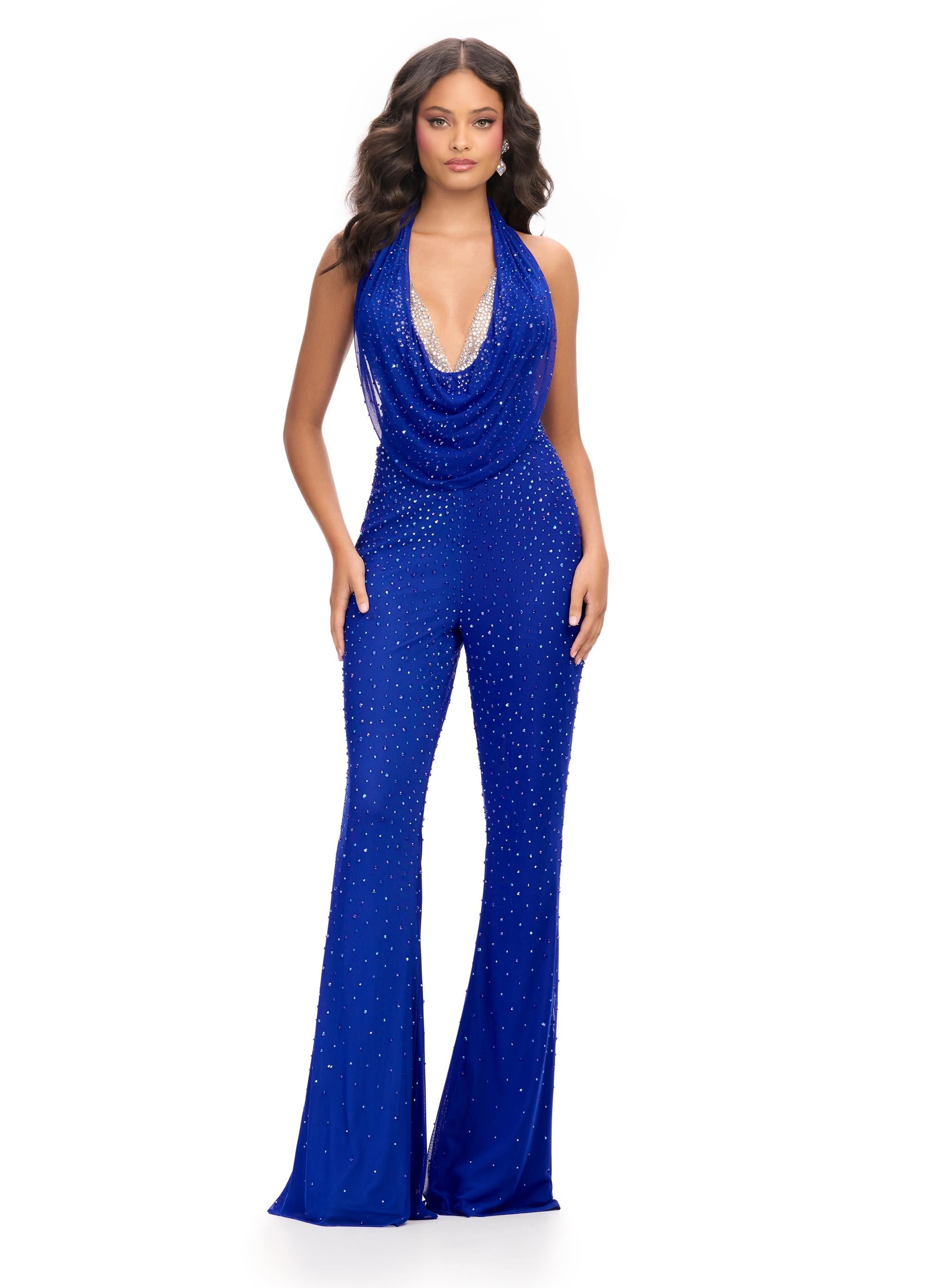 Royal ASHLEYlauren 11775 standout jumpsuit featuring a halter neckline, illusion deep V-neckline adorned with crystal press-on stones, and a sleek silhouette for a bold and glamorous look.