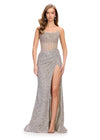 Silver ASHLEYlauren 11236 jaw-dropping strapless gown featuring a fitted silhouette, corset bustier with stunning crystal beadwork, a fully beaded wrap skirt, and a left leg slit for a glamorous red carpet-worthy look.