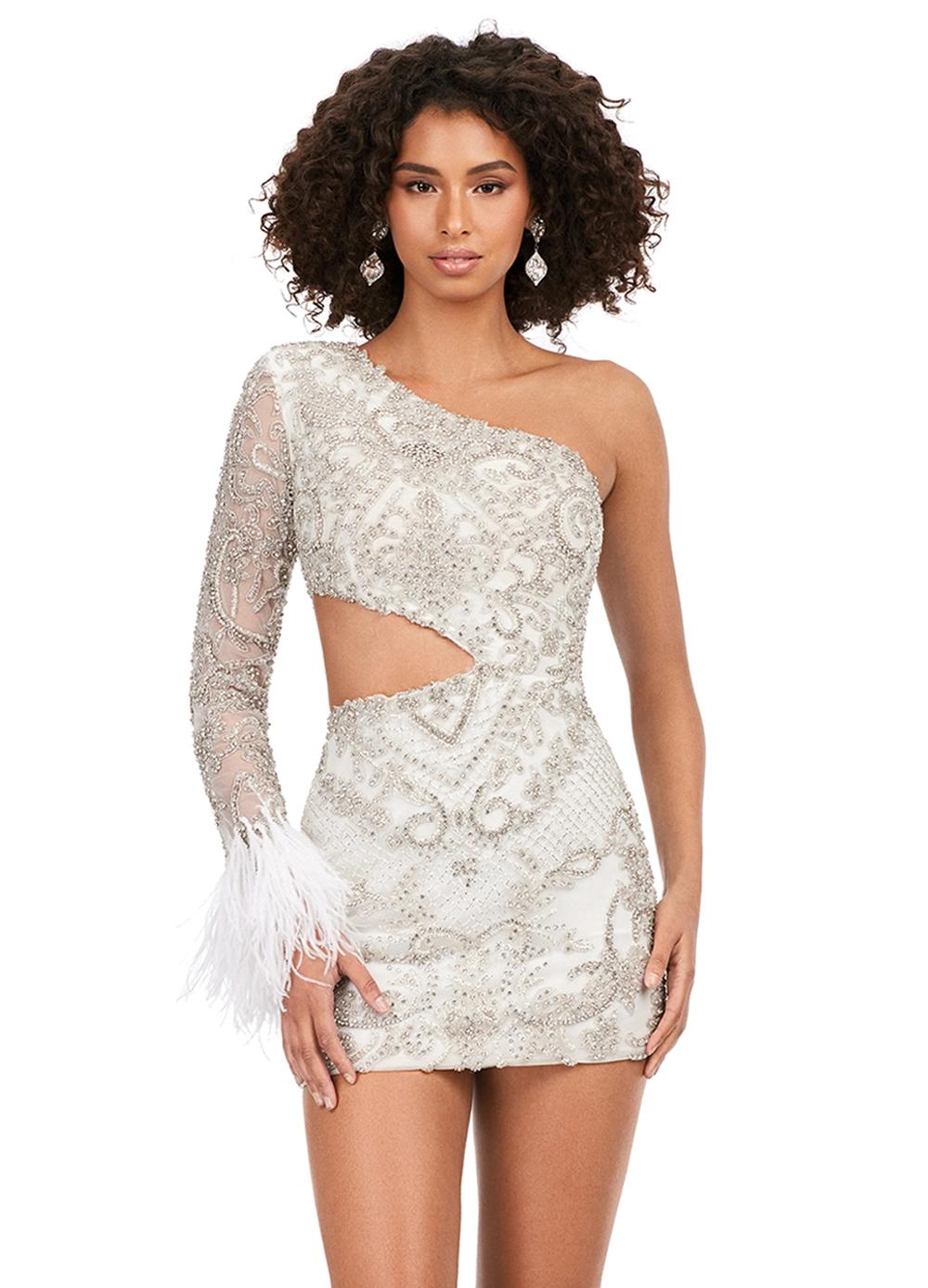 Silver ASHLEYlauren 4565 fully beaded cocktail dress featuring a one sleeve design, modern waist cut-out, and feather accents at the wrist for a bold and glamorous look.