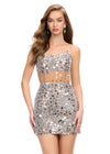 Silver ASHLEYlauren 4757 Strapless Hand Beaded Cocktail Dress with Mirror Details and Corset Bustier