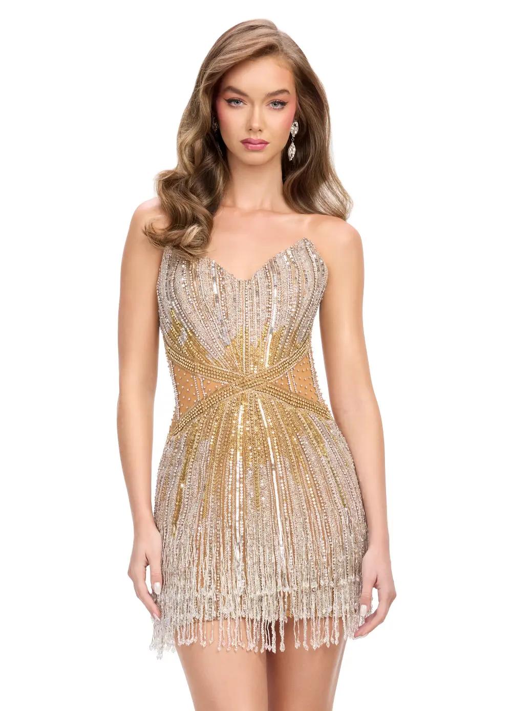 Silver/Gold ASHLEYlauren 4765 Strapless Hand Beaded Cocktail Dress with Corset Bustier and Fringe Trim