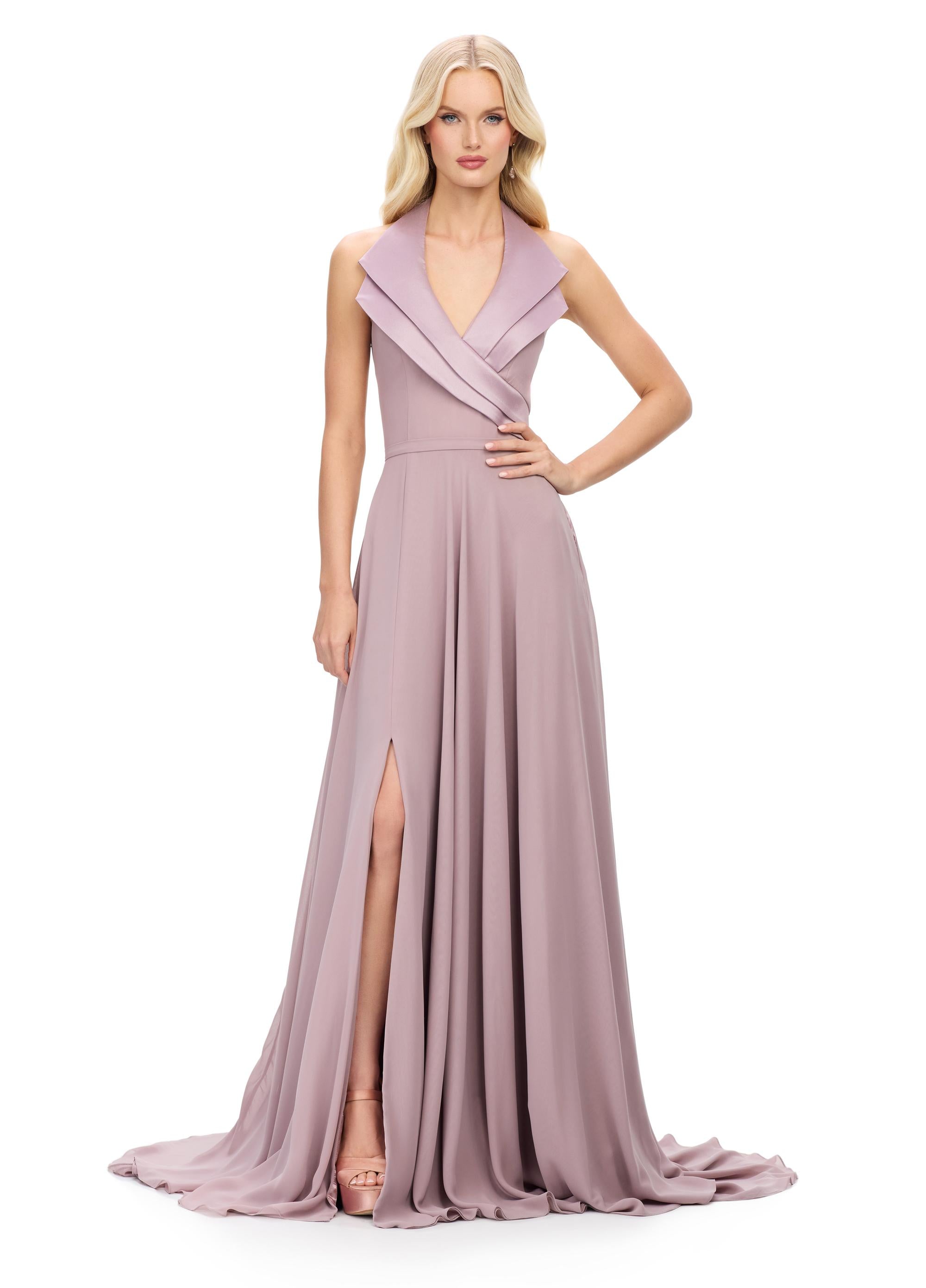 Taupe ASHLEYlauren 11753 chiffon gown with structured halter neckline, A-line skirt, and elegant right leg slit — the perfect blend of edge and grace.