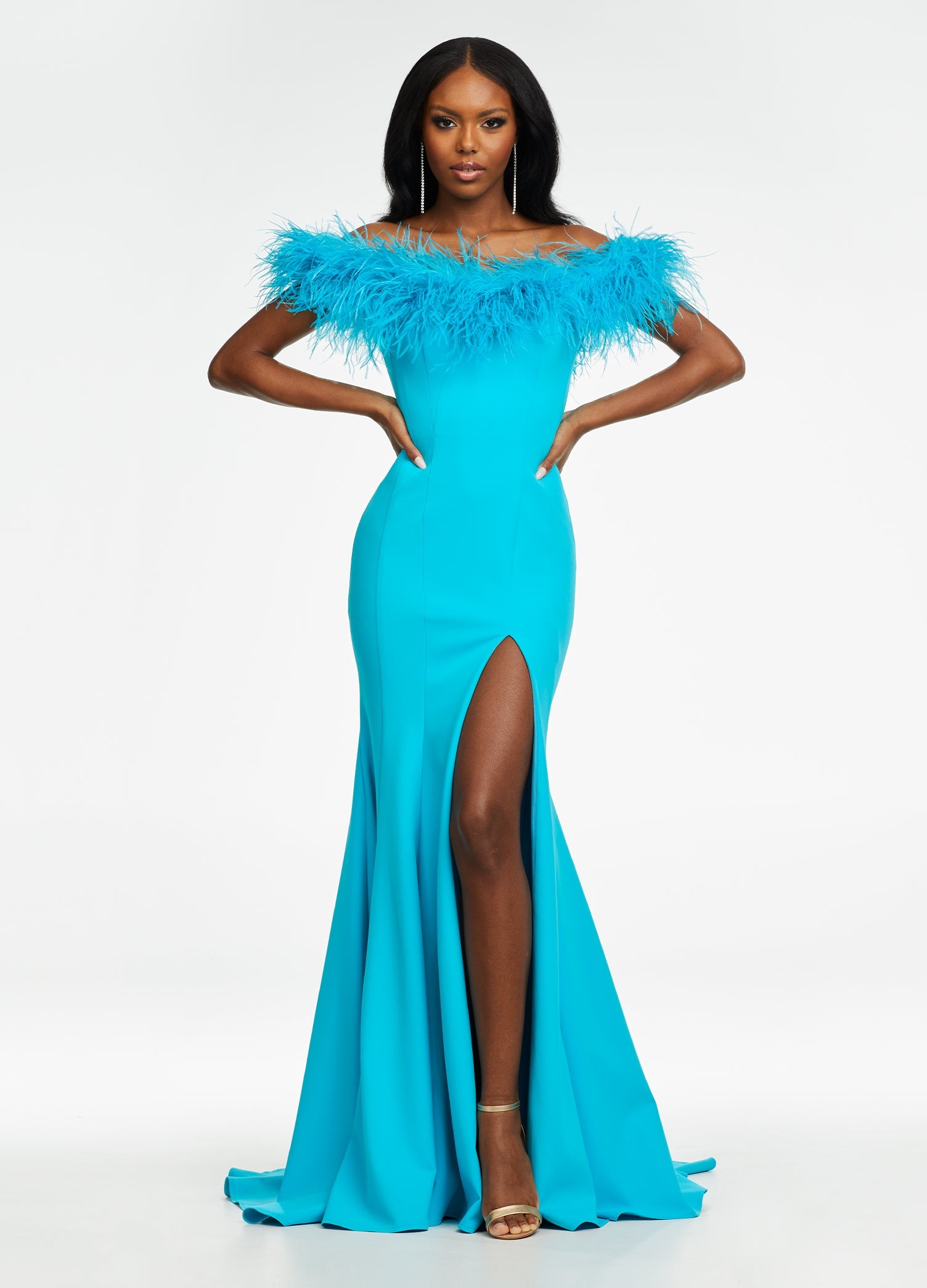 Turquoise ASHLEYlauren 11099 Fully Beaded Gown with One-Shoulder Design, Intricate Beading, and High Slit for a Glamorous Look