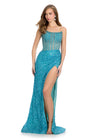 Turquoise ASHLEYlauren 11236 jaw-dropping strapless gown featuring a fitted silhouette, corset bustier with stunning crystal beadwork, a fully beaded wrap skirt, and a left leg slit for a glamorous red carpet-worthy look.