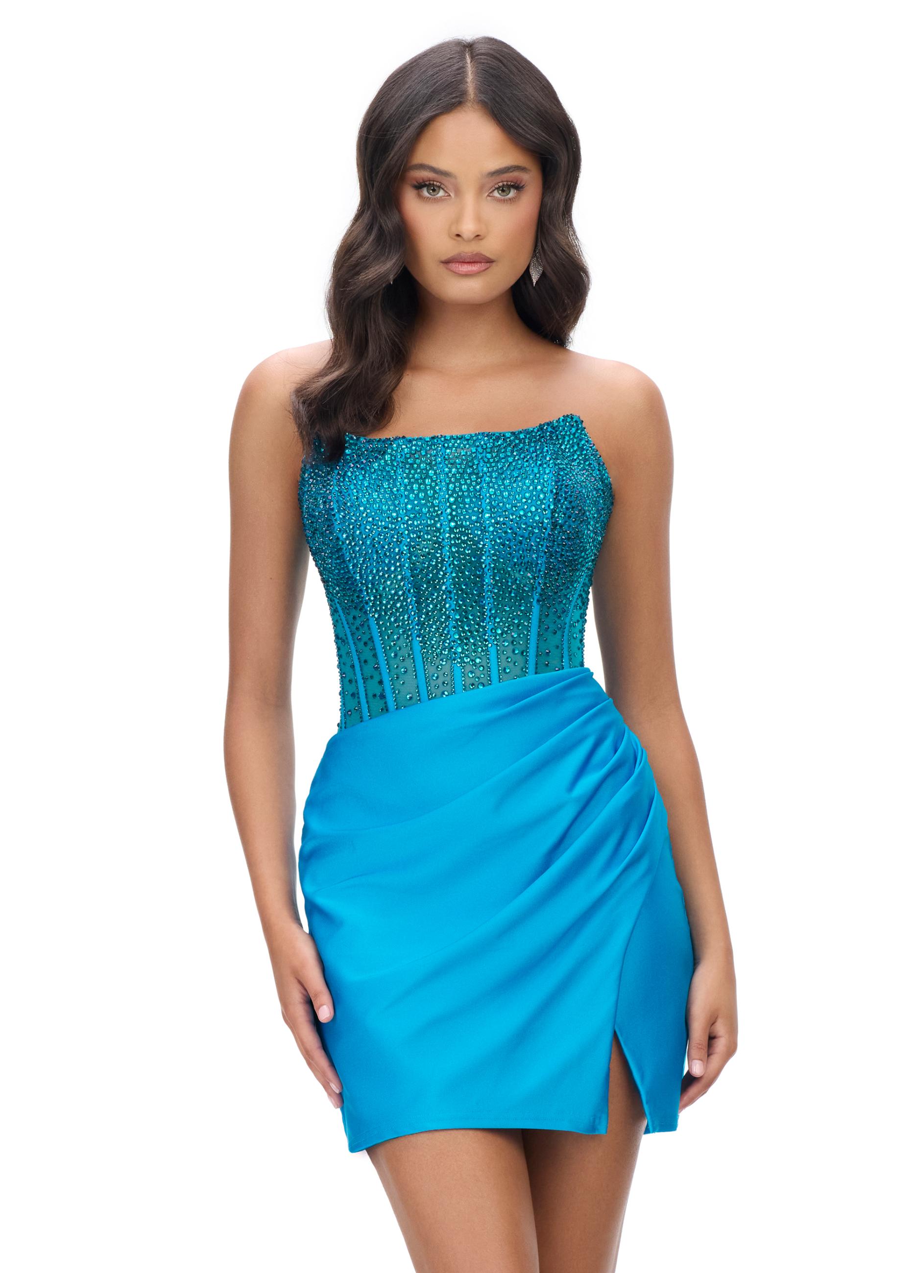 Turquoise ASHLEYlauren 4686 strapless cocktail dress featuring a corset bustier embellished with press-on stones, a sleek jersey skirt, and a left leg slit for a classic and glamorous look.