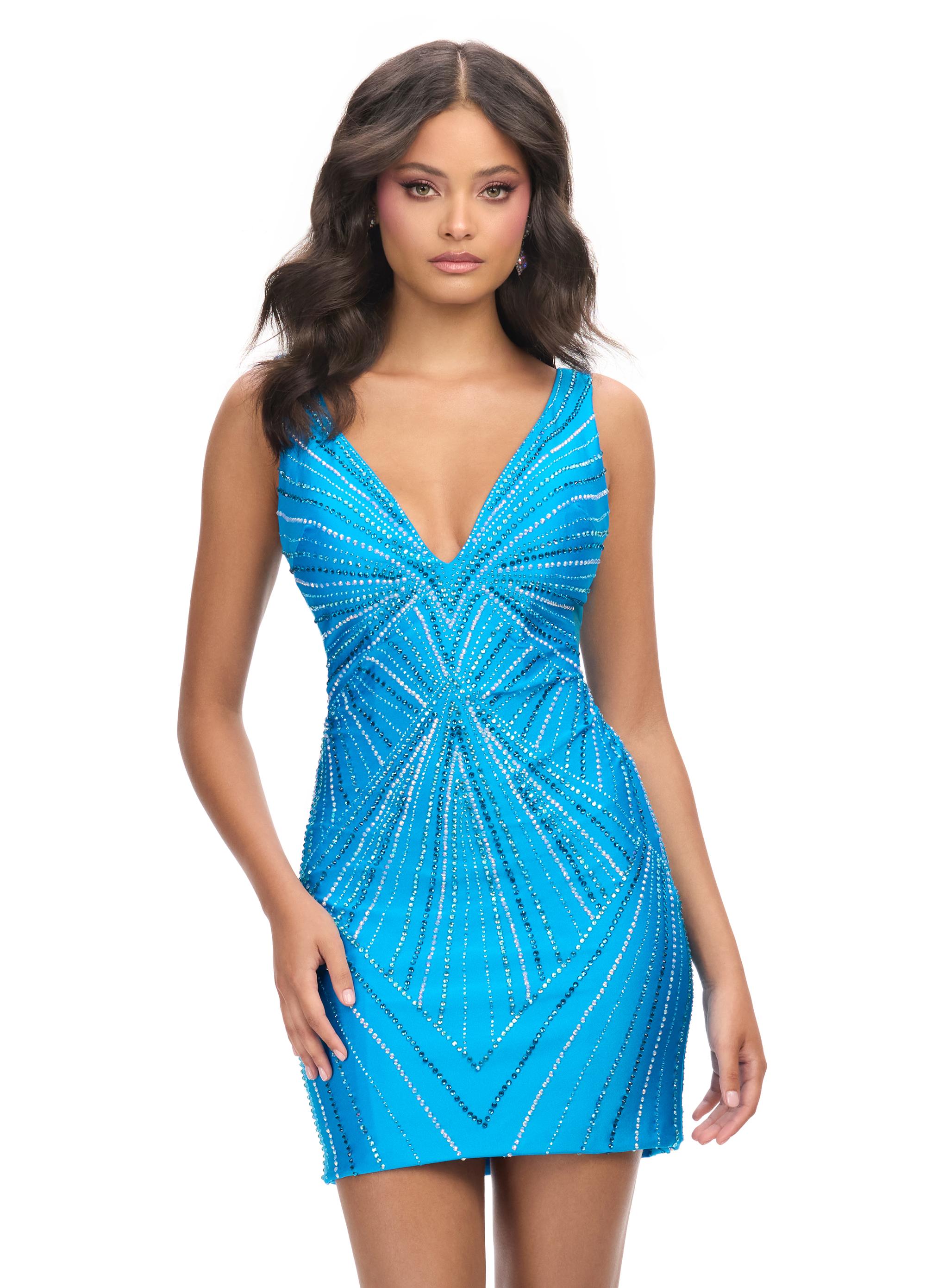 Turquoise ASHLEYlauren 4723 V-Neck Cocktail Dress with Press-On Stones and Fitted Skirt