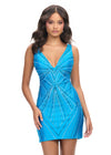 Turquoise ASHLEYlauren 4723 V-Neck Cocktail Dress with Press-On Stones and Fitted Skirt