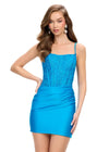 Turquoise ASHLEYlauren 4738 cocktail dress featuring delicate spaghetti straps, a corset bustier adorned with lace applique, and a sleek jersey fitted skirt for an elegant and sophisticated look.