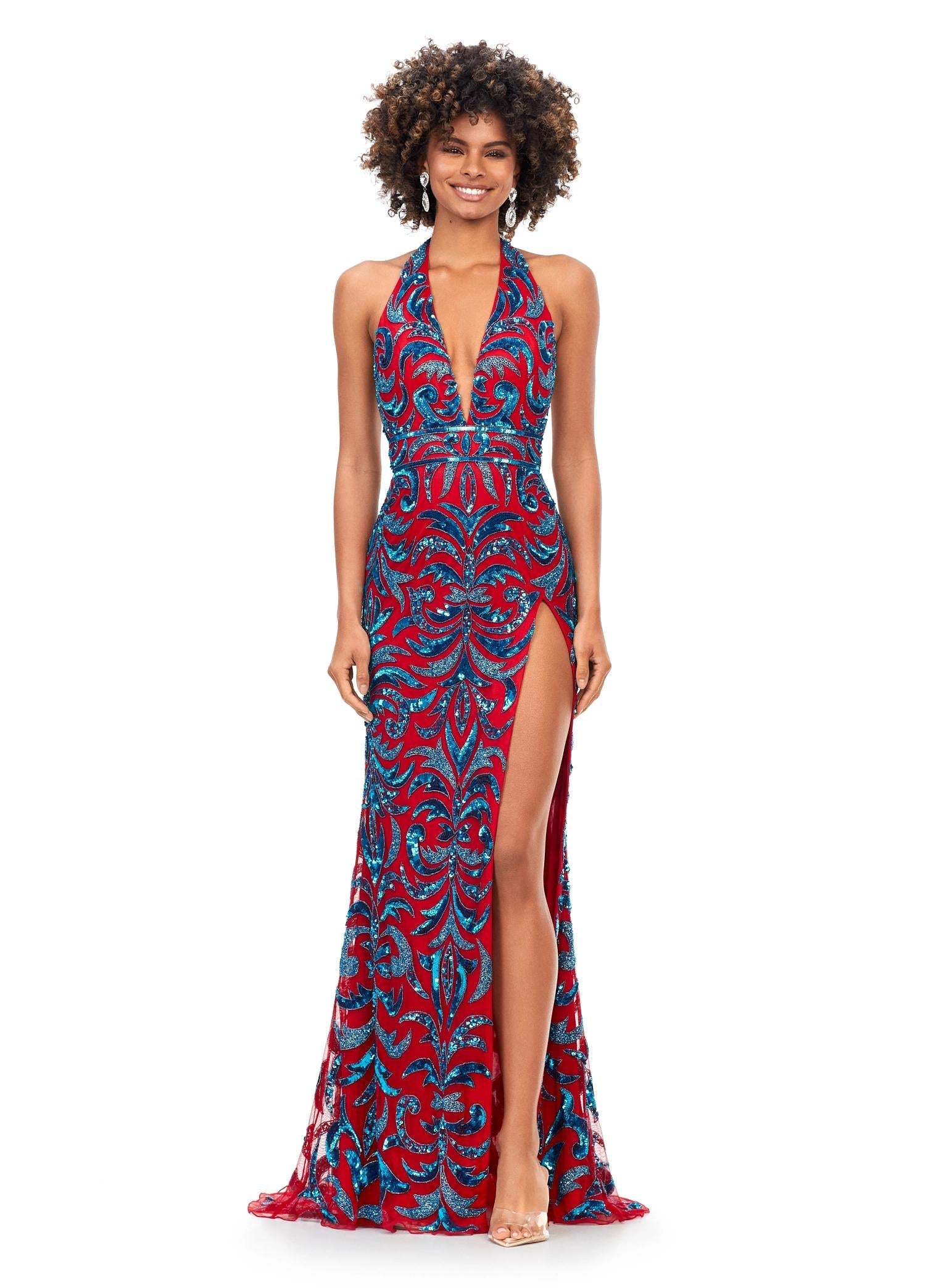 Turquoise/Red ASHLEYlauren 11283 halter gown featuring a V-neckline, open back, intricate beading throughout, and a left leg slit.