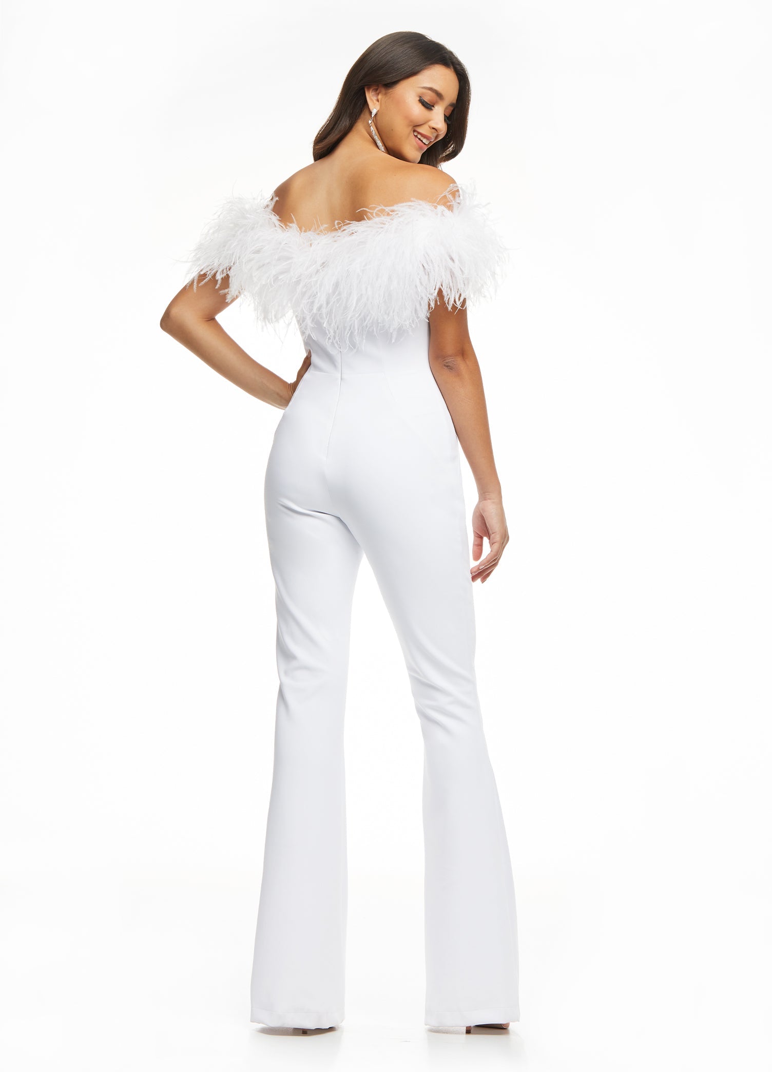 Back - ASHLEYlauren 11100 – A flirty off-shoulder scuba jumpsuit featuring feather details along the neckline and flare pant legs. Perfect for making a stylish statement at your next event.