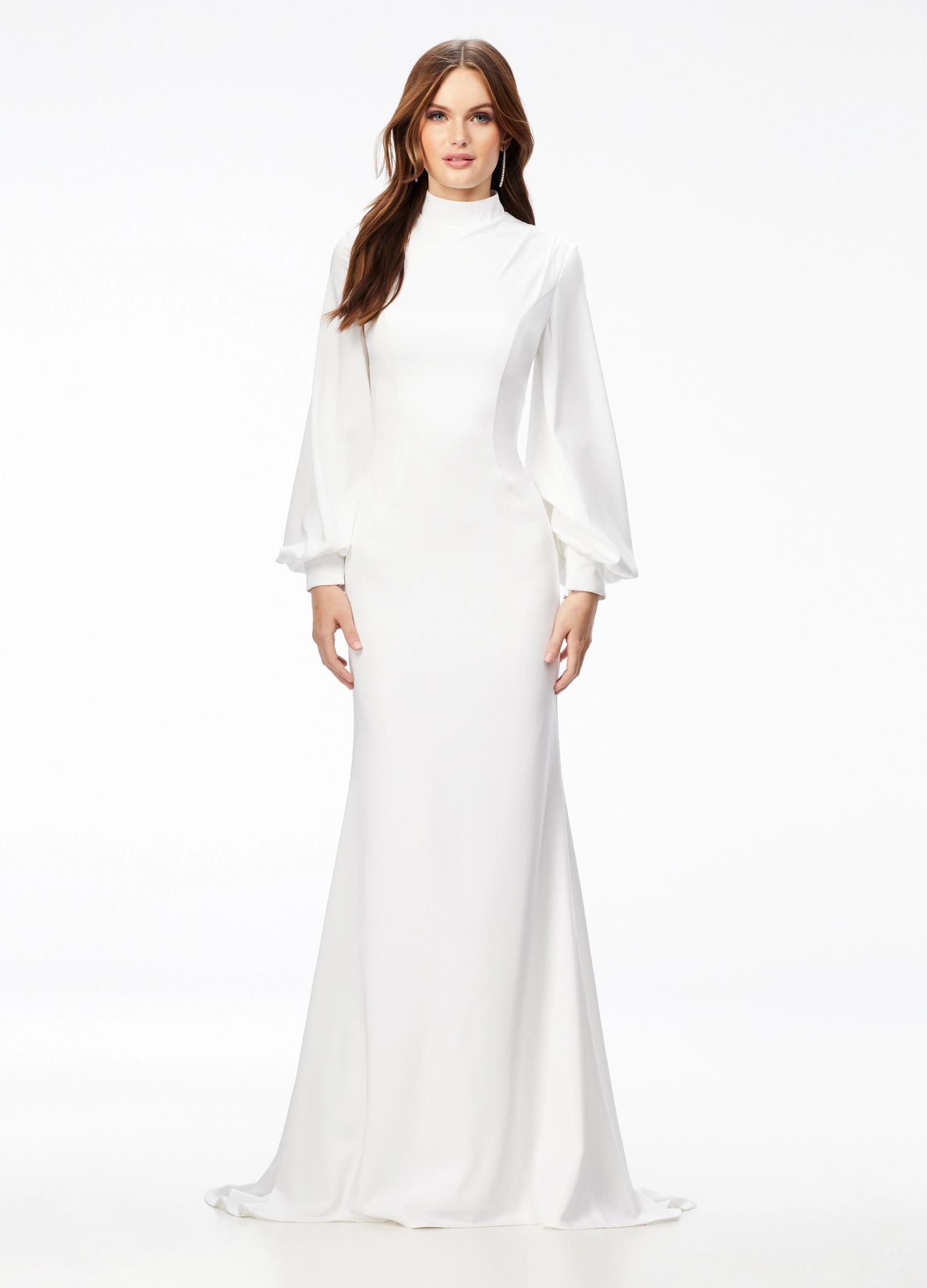 White ASHLEYlauren 11219 – An ultra-glamorous high neckline crepe gown featuring balloon sleeves, contoured seaming for a perfect silhouette, an exposed zipper back, and a sweeping train. Ideal for making a sophisticated statement at any event.