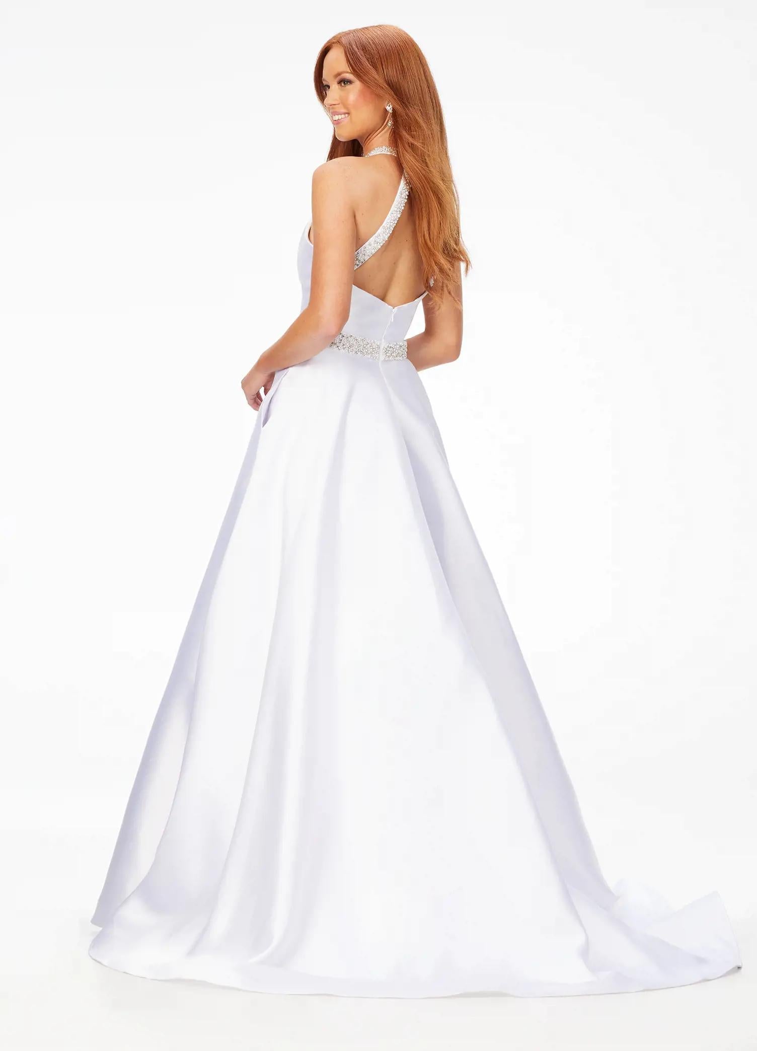 Back - White ASHLEYlauren 11230 – A stunning A-line mikado gown featuring a crystal and pearl encrusted halter bustier and waistline, paired with a full ball gown skirt. Perfect for making an elegant statement at your next event.