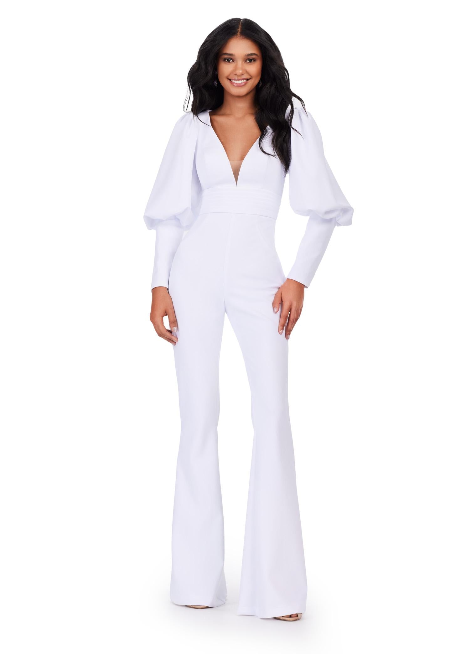 White ASHLEYlauren 11533 scuba jumpsuit featuring a V-neckline, dramatic bishop puff sleeves, and a sleek, tailored fit for a bold and sophisticated look.