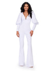 White ASHLEYlauren 11533 scuba jumpsuit featuring a V-neckline, dramatic bishop puff sleeves, and a sleek, tailored fit for a bold and sophisticated look.