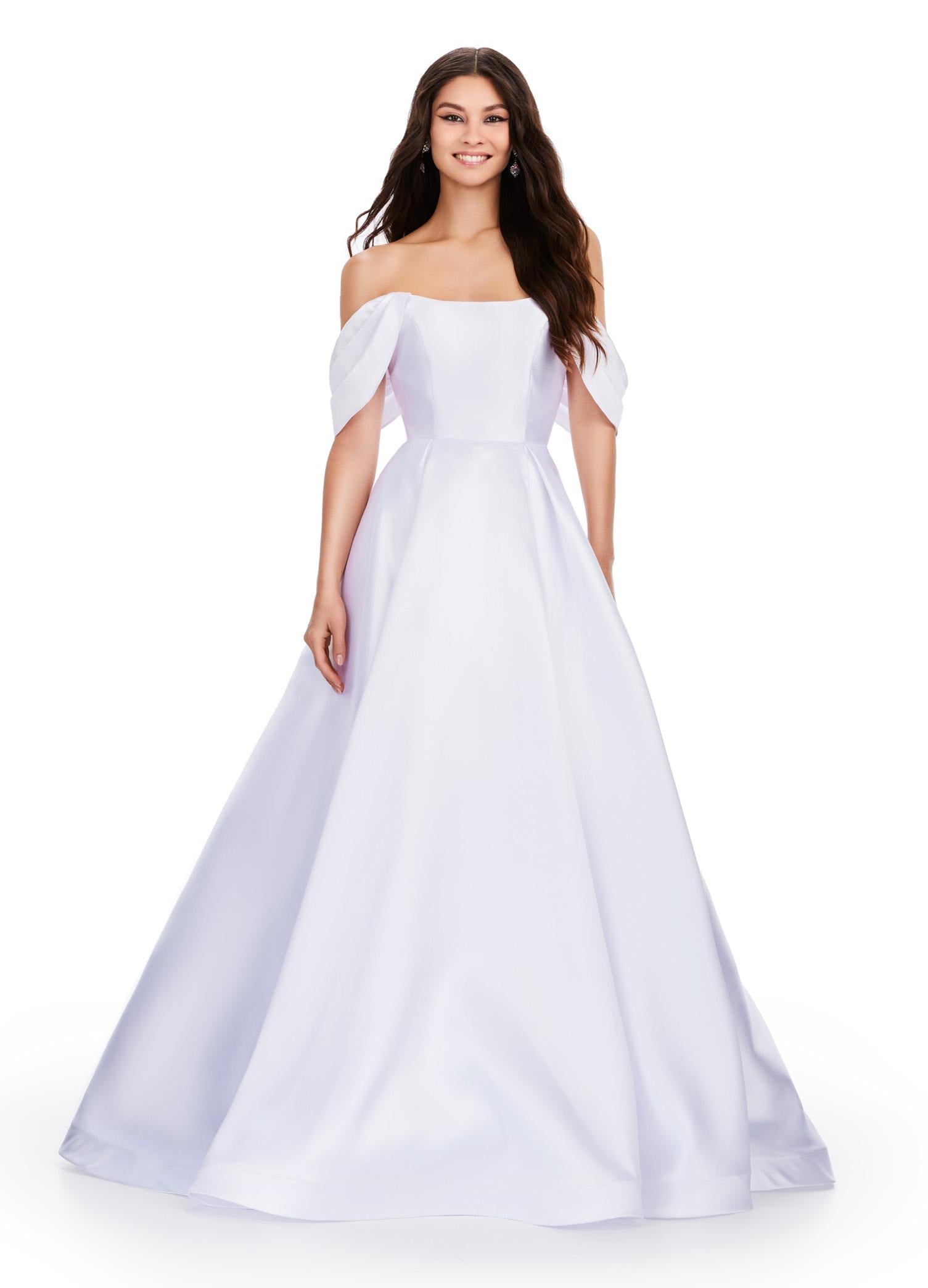 White ASHLEYlauren 11544 elegant Mikado ball gown featuring a pleated off shoulder detail and a full ball gown skirt for a timeless and sophisticated look.