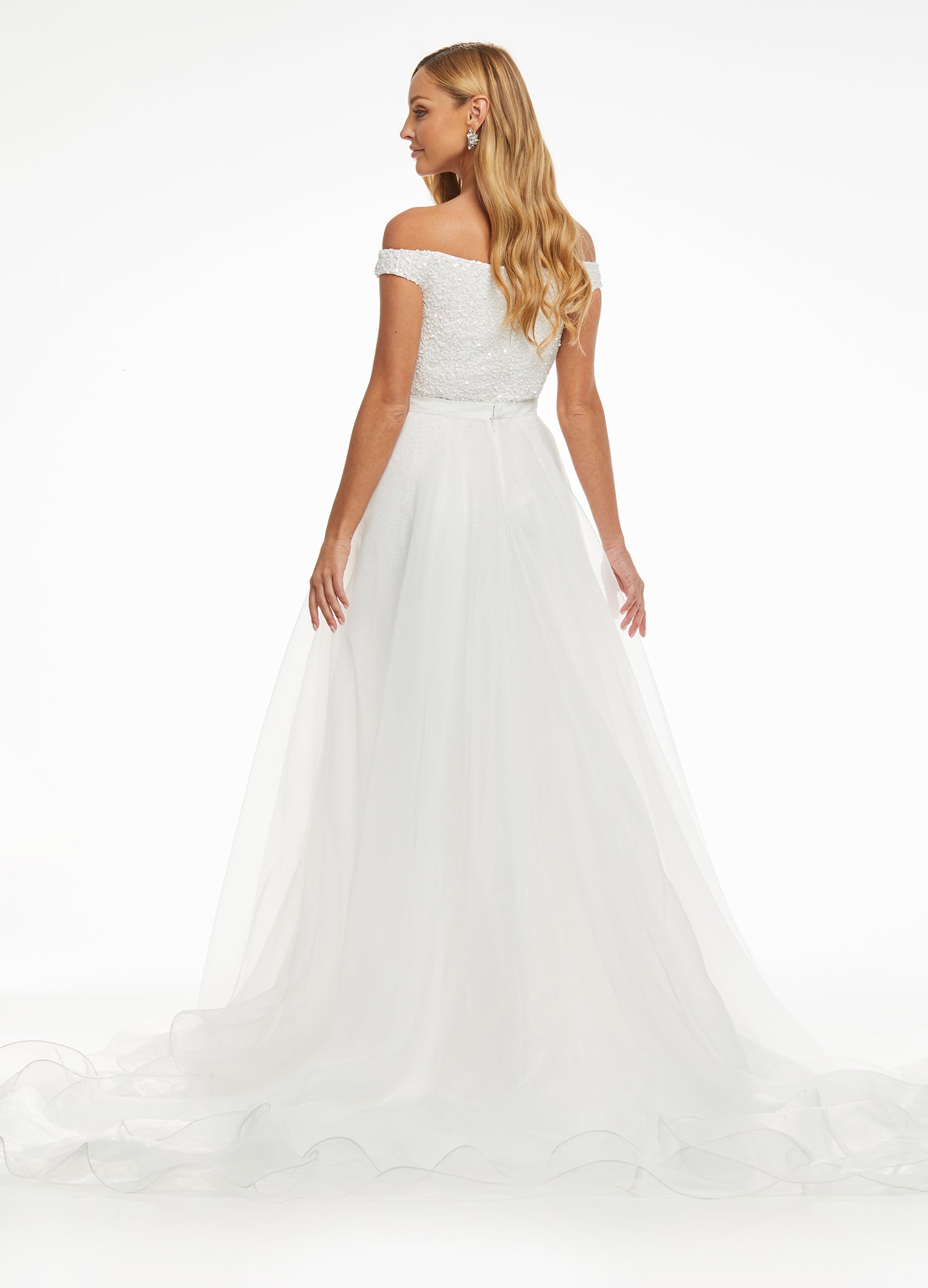 Back - White ASHLEYlauren 1739 – A stunning layered organza overskirt featuring a wire hem and a long, lavish train, perfect for adding extra flair to your favorite dress, romper, bodysuit, or jumpsuit.