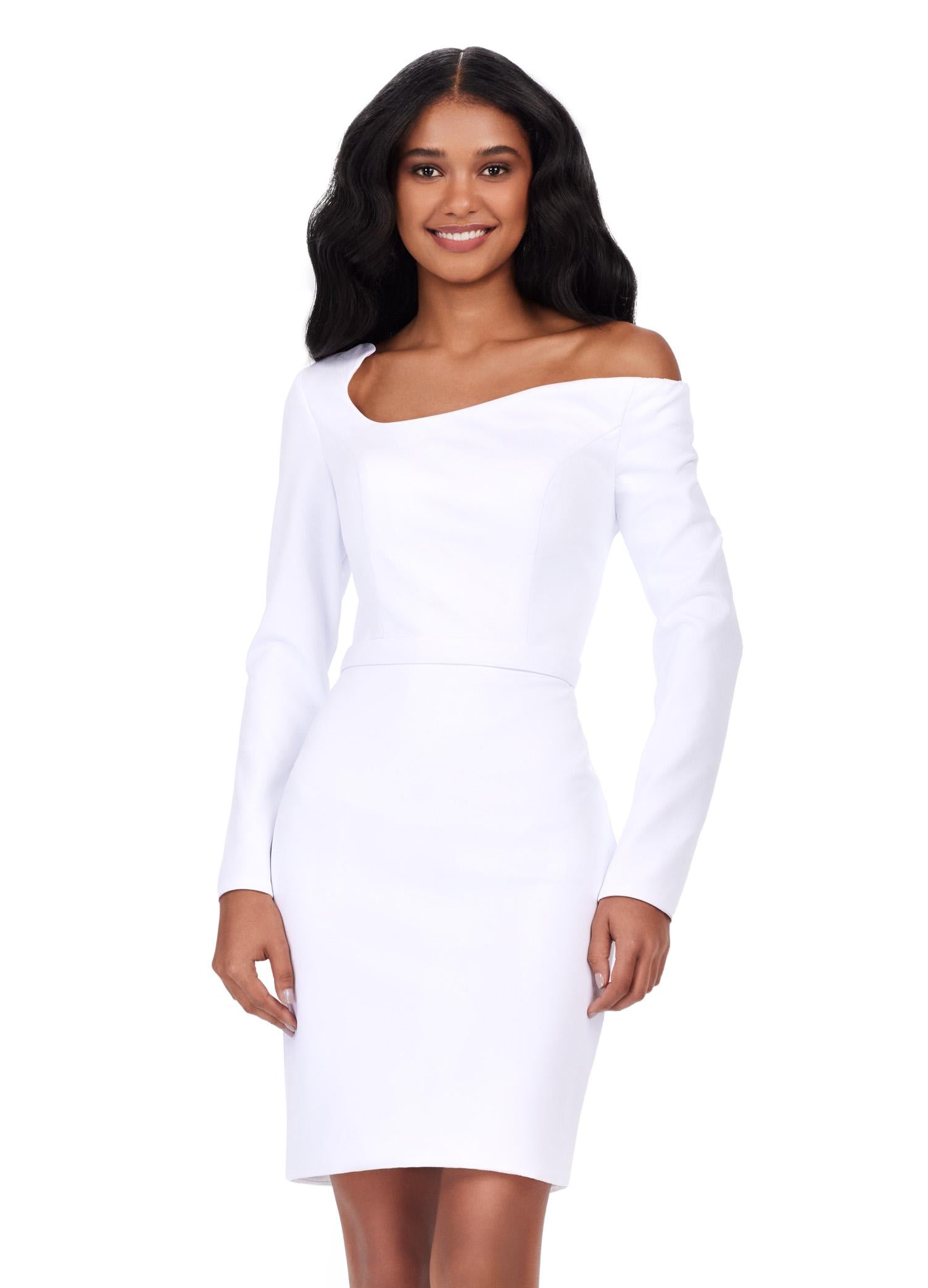 White ASHLEYlauren 4674 fitted scuba cocktail dress featuring an asymmetrical neckline, long sleeves, and a classic waistband detail for a sleek and sophisticated look.