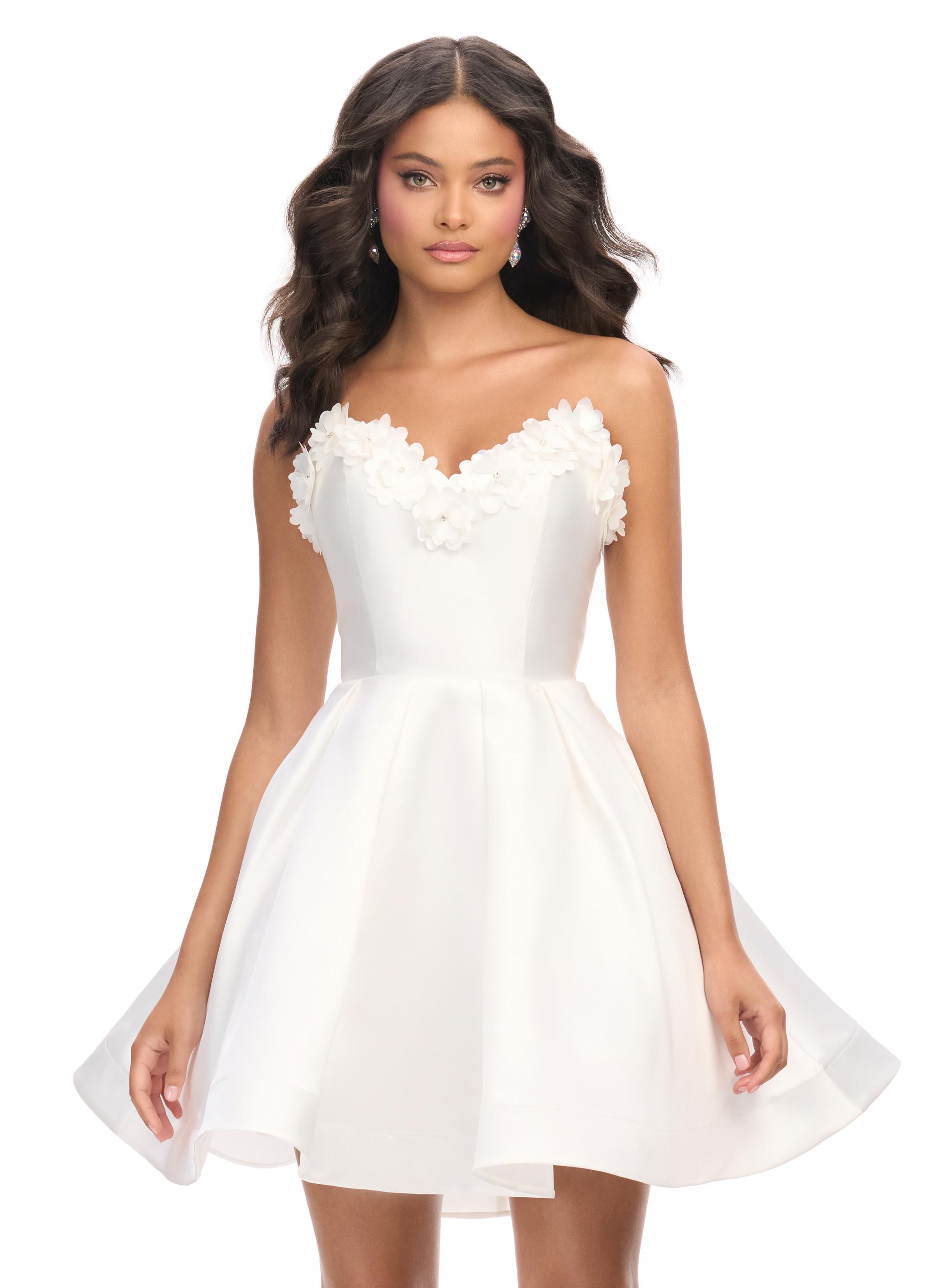 White ASHLEYlauren 4782 Mikado cocktail dress featuring a stunning sweetheart neckline, delicate flower detailing, and an A-line skirt for a fabulous and elegant look.