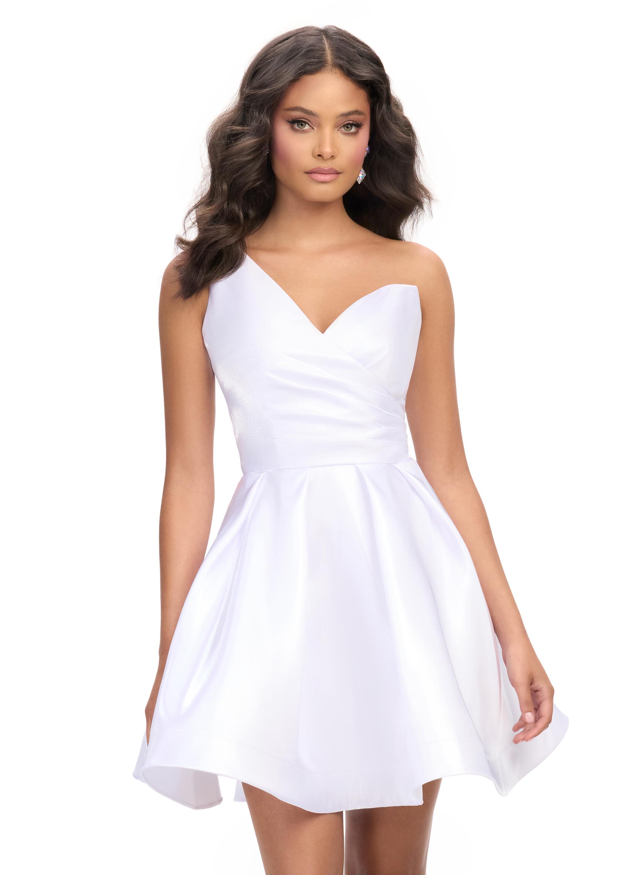 White ASHLEYlauren 4786 classic satin cocktail dress featuring a one shoulder design, ruched sweetheart bustier, and an elegant A-line skirt for a timeless and sophisticated look.