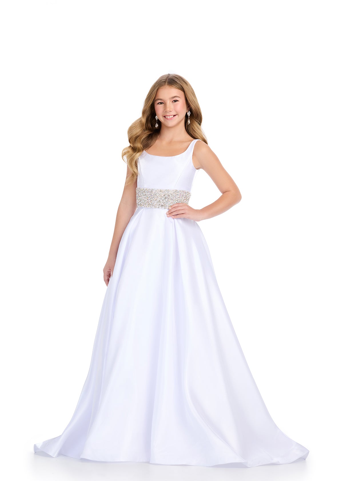 White ASHLEYlauren 8276 satin kids ball gown featuring a scoop neckline, V-back, and a fully beaded waistband for an elegant and glamorous touch.