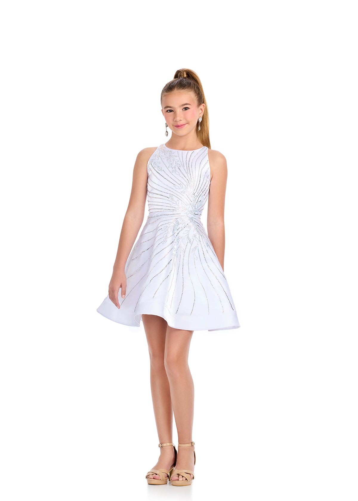 White ASHLEYlauren 8316 Satin Cocktail Dress with Crew Neckline, Press-On Stone Beading, and A-Line Skirt