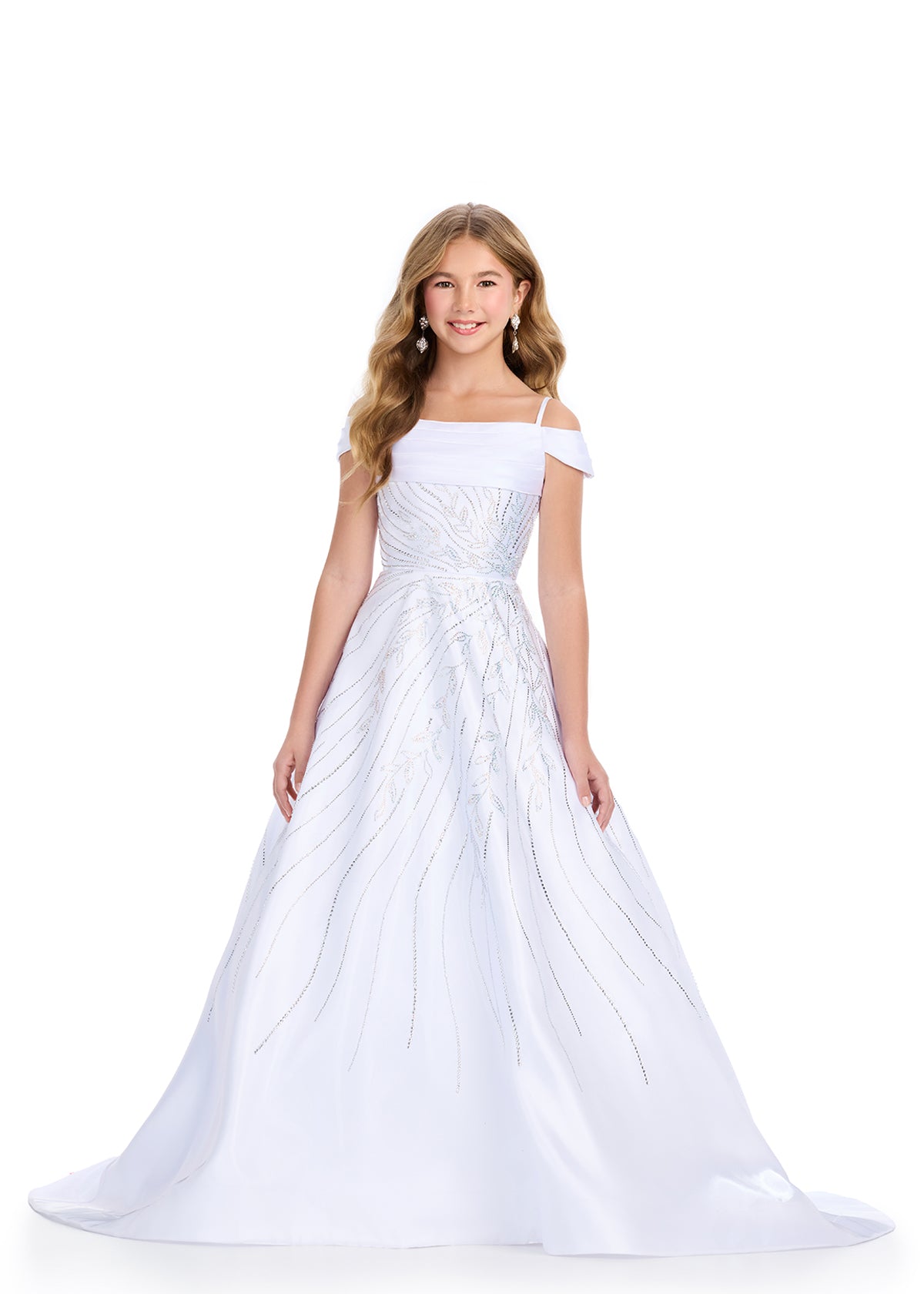 White ASHLEYlauren 8317 Satin Ball Gown with Off-Shoulder Design, Press-On Stone Beading, and Flowing A-Line Skirt with Train