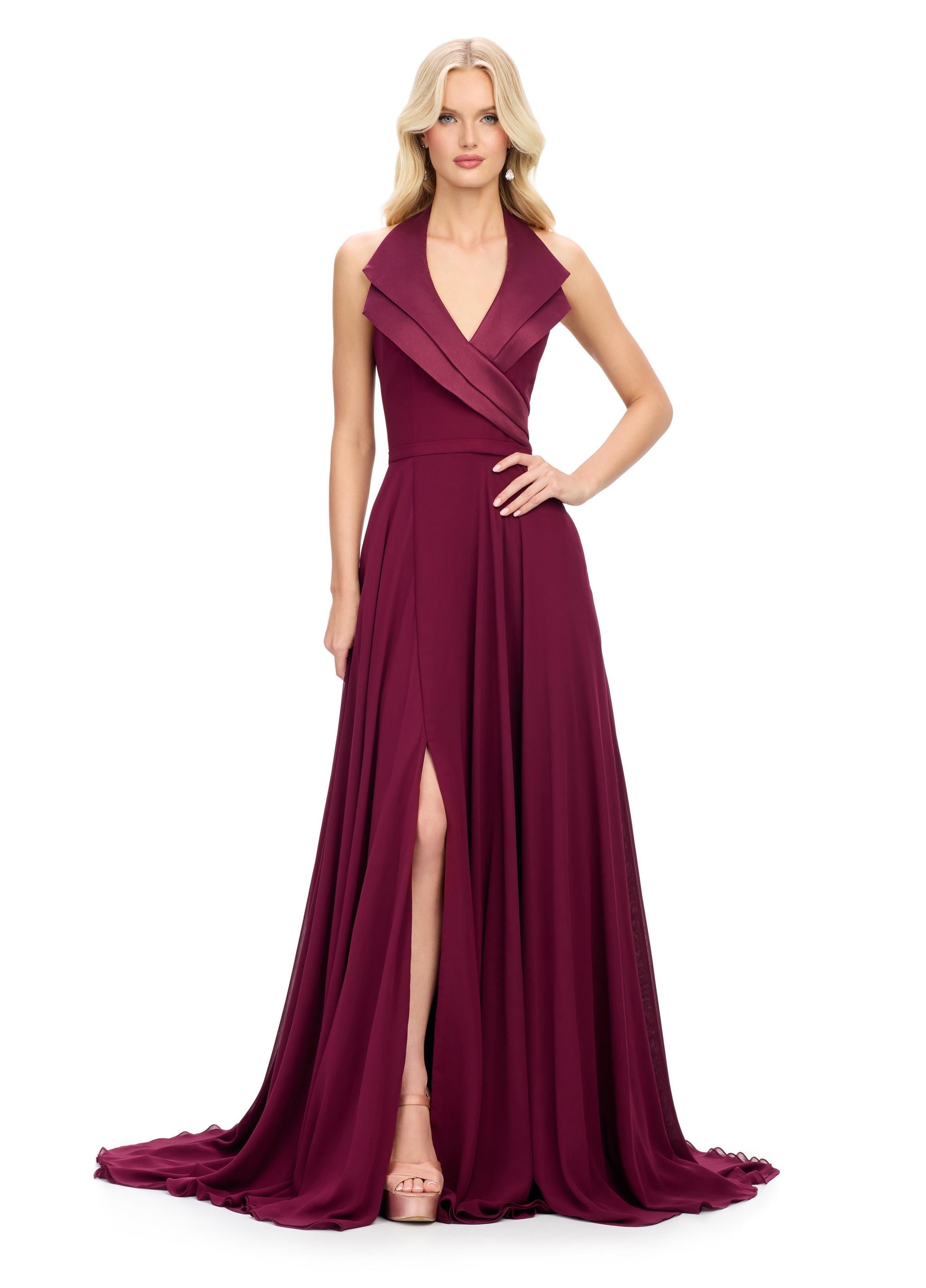 Wine ASHLEYlauren 11753 chiffon gown with structured halter neckline, A-line skirt, and elegant right leg slit — the perfect blend of edge and grace.