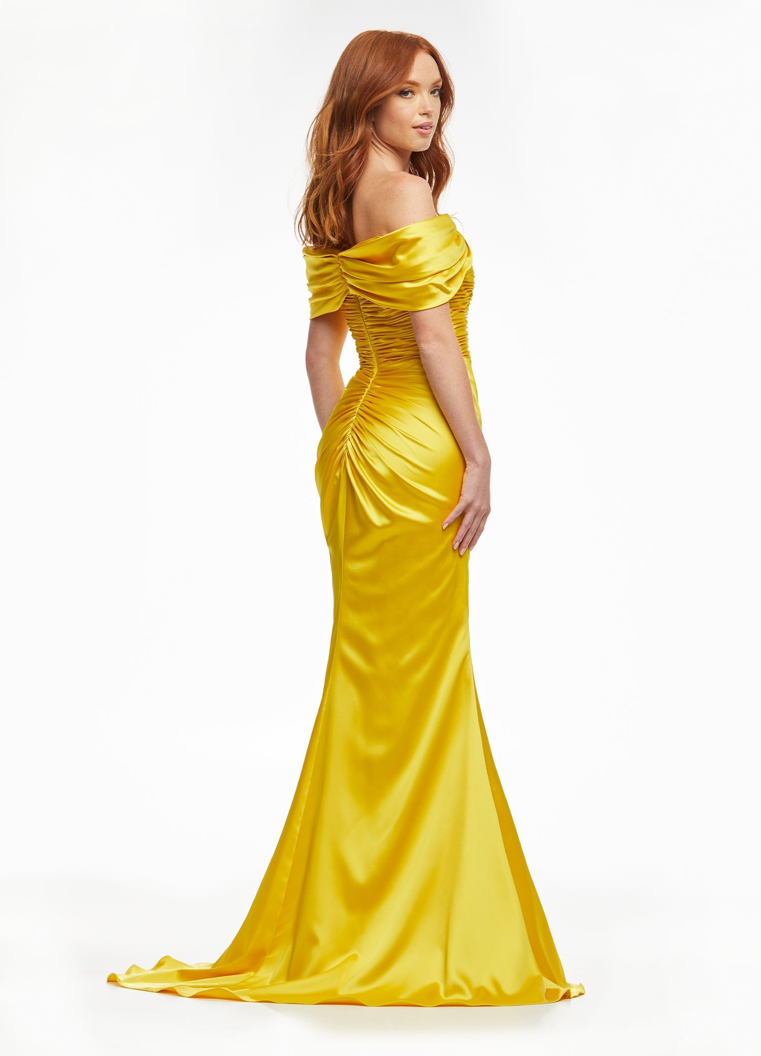 Back - Yellow ASHLEYlauren 11093 – A stunning off-shoulder satin gown featuring a ruched bustier, flattering wrap skirt, ruched back, and left leg slit. The perfect combination of elegance and style to showcase your figure.