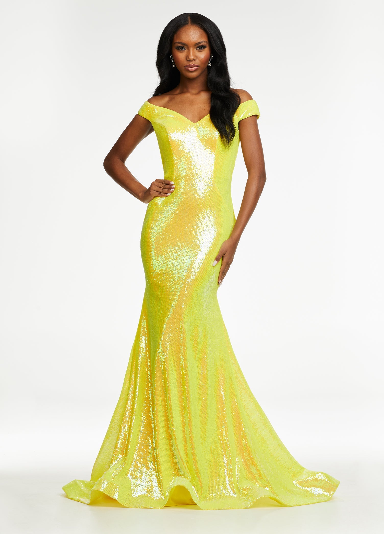 Yellow ASHLEYlauren 11107 Off-Shoulder Sequin Gown with Criss-Cross Open Back, Fit & Flare Silhouette, and Horsehair Hem