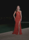 Video - Dazzling fully beaded one-shoulder gown featuring an asymmetric cut-out and a left leg slit for a bold and glamorous entrance. Perfect for special occasions.