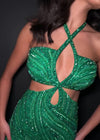 Video - Emerald ASHLEYlauren 4651 fully beaded cocktail dress featuring a sweetheart neckline, lace-up back, and feathered off shoulder sleeves for a glamorous and show-stopping look.