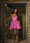 Video - Pink ASHLEYlauren 4677 fully crystal beaded cocktail dress featuring a deep V-neckline, halter design, open back, and a flirty A-line skirt for a glamorous and head-turning look.