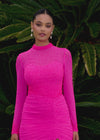 Video -  Pink ASHLEYlauren 4736 fitted cocktail dress featuring a high neckline, illusion long sleeves, press-on heat set stones accentuating the collar, cuffs, and waistline for a glamorous and curve-enhancing look.